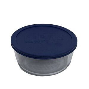 Pyrex 7203 Round Glass 7-Cup Food Storage Bowl with 7402-PC Dark Blue Lid Cover